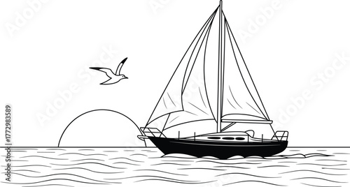 Black and white sailboat on wavy water with seagull and sun