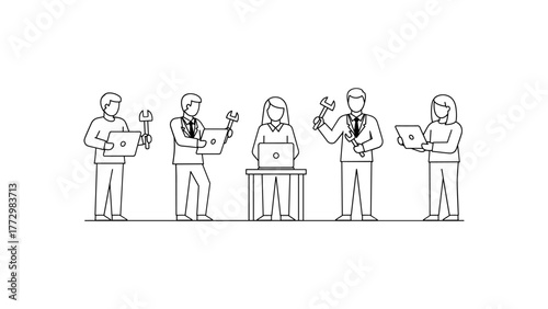 Group of people working with laptops and tools