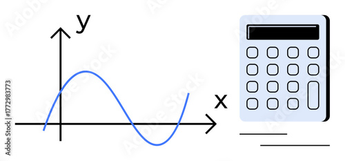 Graph with sine wave and labeled axes next to a calculator. Ideal for math, statistics, education, data analysis, engineering, scientific research, learning tools. Simple flat metaphor