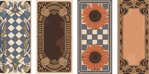 Decorative floral art nouveau panels collection, vintage geometric background with flowers, elegant ornate frame design for poster, wallpaper, invitation, and interior decor