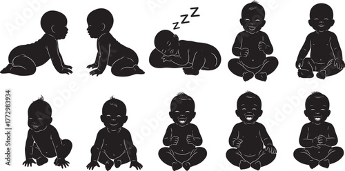 Baby silhouette activities, crawling, sleeping, sitting, standing, drinking, bonding moments, infant development, parenting concept, child growth, pacifier, swaddling, playtime, care