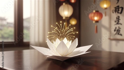 Origami paper flower slowly unfolding into luminous petals transforming into glowing fireworks particle burst symbolizing creativity rebirth and new year  festival concept