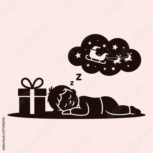 Child sleeping next to gift box dreaming of Santa's sleigh and reindeer present