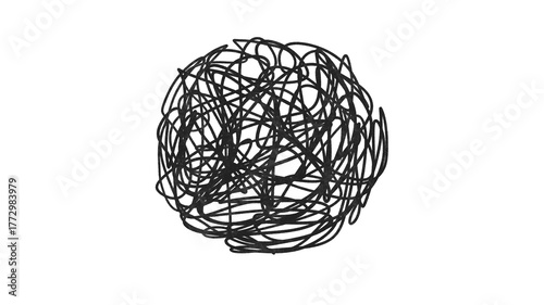 Fotografi Chaotic black scribble ball tangle on white background