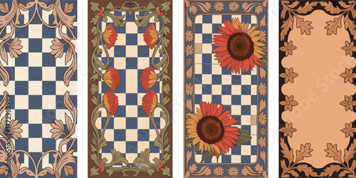 Decorative floral art nouveau panels collection, vintage geometric background with flowers, elegant ornate frame design for poster, wallpaper, invitation, and interior decor