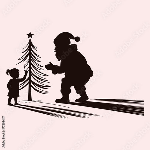 Silhouette of Santa Claus and child decorating Christmas tree with star vector