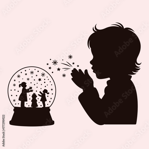 Silhouette of child blowing stars and snowflakes into a snow globe with figures inside vector