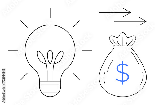 Light bulb emitting rays beside a money bag with dollar sign and arrows symbolizing money flow. Ideal for innovation, investment, profit, creativity, entrepreneurship, finance, success. Minimal flat