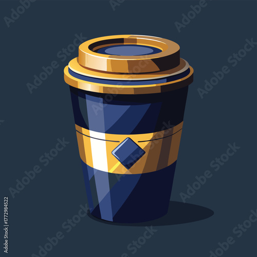 Stylized blue and gold coffee cup with diamond emblem