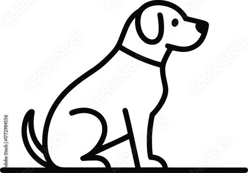 Black outline dog sitting on a horizontal line white