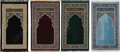 Traditional Islamic prayer mat collection with gold geometric borders, mosque arch patterns, elegant spiritual rug design, luxury Muslim decorative artwork