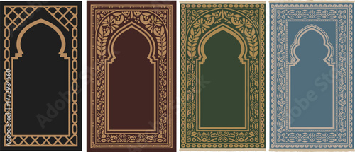 Traditional Islamic prayer mat collection with gold geometric borders, mosque arch patterns, elegant spiritual rug design, luxury Muslim decorative artwork