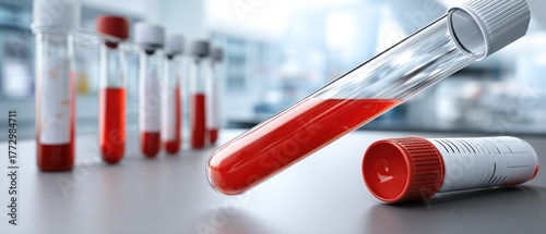 Blood samples in laboratory tubes on a clean surface during a scientific research activity at a medical facility