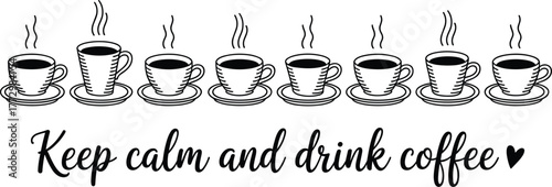 Eight steaming coffee cups and saucers with text hot beverage