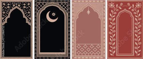 Elegant Islamic prayer mat collection with floral and geometric motifs, crescent moon design, mosque arch pattern, luxury decorative spiritual artwork