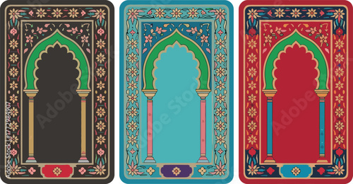 Colorful Islamic prayer mat collection with floral arabesque motifs, mosque arch designs, and ornamental patterns in black, blue, and red backgrounds