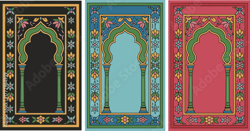Colorful Islamic prayer mat collection with floral arabesque motifs, mosque arch designs, and ornamental patterns in black, blue, and red backgrounds
