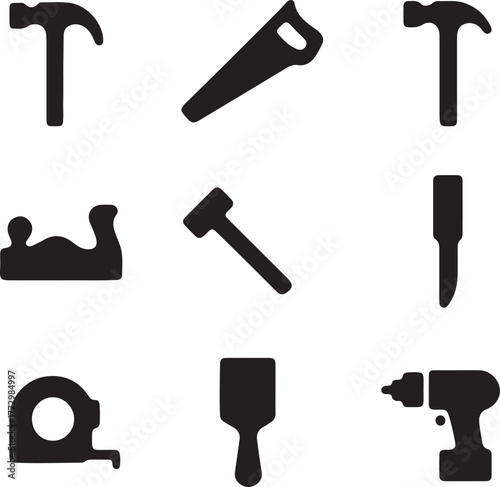 A Set of Carpentry Tools Icons with Line Editing Capabilities (Not Outlined) – Editable Vector Silhouette Collection