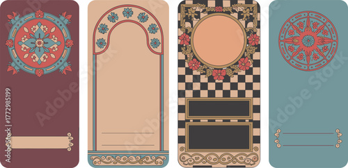 Vintage decorative card templates set with ornate floral and geometric designs, art nouveau and retro inspired frames, elegant printable design layout