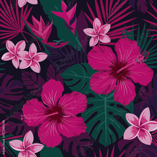 Tropical floral pattern with vibrant magenta hibiscus, plumeria, and exotic leaves in a dark background. Intricate botanical design with vivid colors and detailed textures.