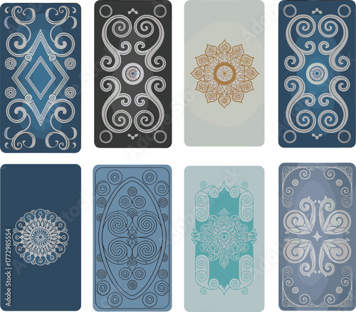Elegant ornate playing cards collection with blue and black luxury designs, decorative ace symbols, intricate line patterns, and silk textures background