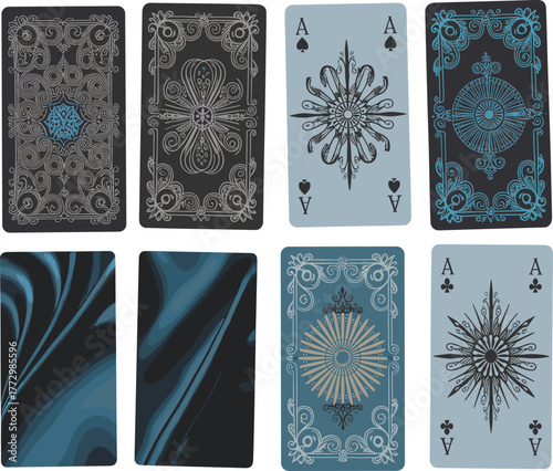 Elegant ornate playing cards collection with blue and black luxury designs, decorative ace symbols, intricate line patterns, and silk textures background