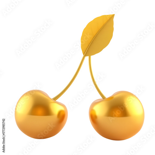 Photo of pair of golden cherries with a leaf isolated on transparent background