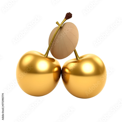 Photo of pair of golden cherries with a leaf isolated on transparent background
