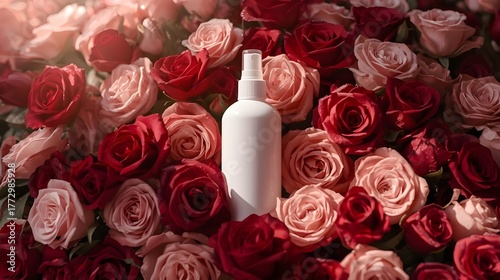 white product bottle with pink and red roses background on sunlight