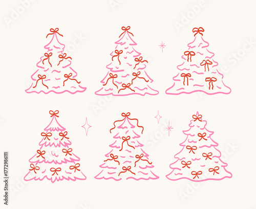 Christmas trees line art hand drawn doodles with ribbon bow. Coquette Christmas tree icons.
