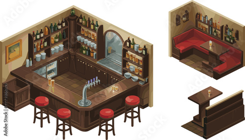 Isometric 3D illustration of rustic bar interior with counter, stools, beer taps, bottles, glasses, and wooden barrels storage
