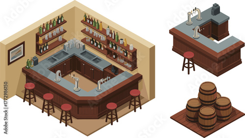 Isometric 3D illustration of rustic bar interior with counter, stools, beer taps, bottles, glasses, and wooden barrels storage