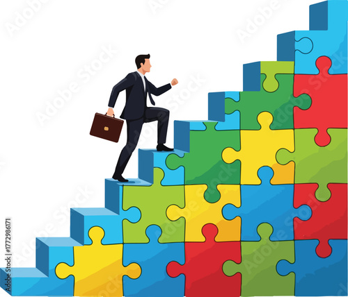 usinessman Climbing Puzzle Stairs to Success