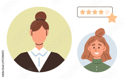 Two user profiles in circles, one professionally dressed, one casual, next to a 5-star rating bar. Ideal for customer experience, review platform, service evaluation, professionalism, trust-building