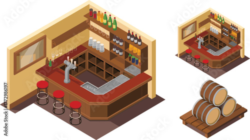 Isometric 3D illustration of rustic bar interior with counter, stools, beer taps, bottles, glasses, and wooden barrels storage