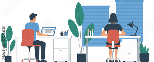 Modern office workspace illustration with employees working on computers, business teamwork concept, professional environment with desks, plants, and computers