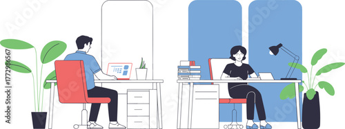 Modern office workspace illustration with employees working on computers, business teamwork concept, professional environment with desks, plants, and computers