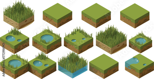 Isometric grass and soil block illustration set showing different terrain textures with water puddles, mud, dirt, and detailed ground layers