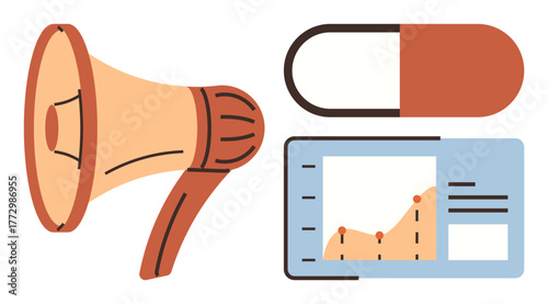 Megaphone, pill, and analytics chart with growth graph symbolizing healthcare promotion, data analysis, and results tracking. Ideal for healthcare marketing, pharmaceutical advertising, medical