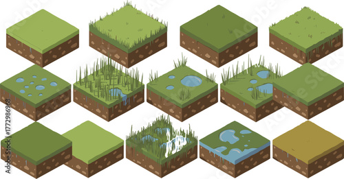 Isometric grass and soil block illustration set showing different terrain textures with water puddles, mud, dirt, and detailed ground layers