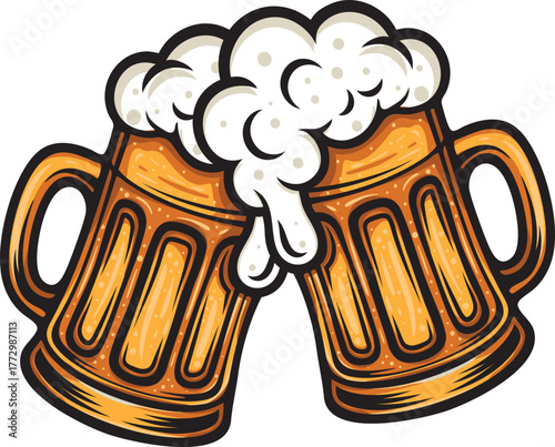 Beer mugs clinking for celebration, cheers, and party concept