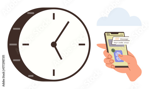 Analog clock and hand holding smartphone displaying a message and code. Ideal for time management, authentication, productivity, reminders, scheduling, digital security, simple flat metaphor