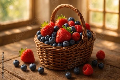 A fresh fruit basket placed on wooden table which includes red coloured strawberries and blue coloured berries