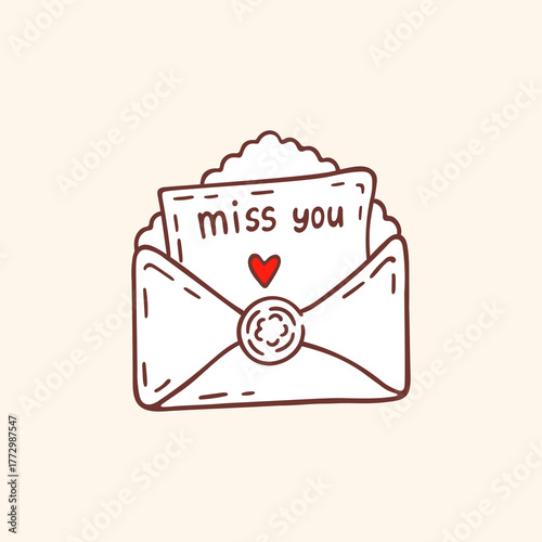 Vintage Love Letter with heart seal and "miss you" note. Hand drawn Valentine’s Day illustration. Vector.
