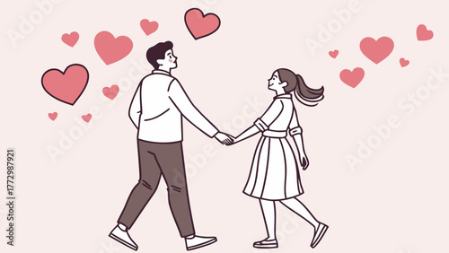 Romantic Couple Holding Hands with Floating Hearts – Flat Minimal Valentine Vector Design Romantic Couple Holding Hands with Floating Hearts – Flat Minimal Valentine Vector Design.