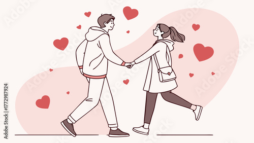 Romantic Couple Holding Hands with Floating Hearts – Flat Minimal Valentine Vector Design.