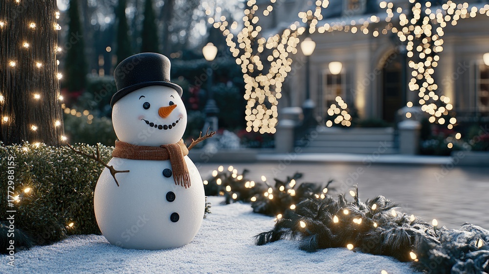 Obraz premium A cheerful snowman grins brightly, dressed in a cozy hat and scarf, surrounded by softly blurred Christmas trees in pastel colors
