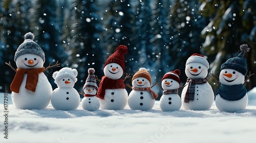 A delightful group of snowmen adorned with bright hats and scarves enjoys the festive atmosphere of Christmas Eve amidst gently falling snow