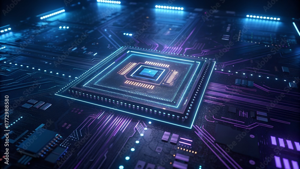 Obraz premium Blue electronic computer circuit board with chips and components technology hardware design