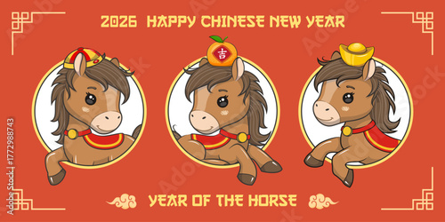 Happy Chinese New Year 2026 Greeting Card With Cute Horse, Year Of The Horse, Vector Cartoon Illustration